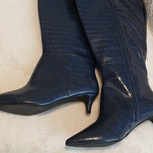 Navy Blue Kitten Heal Boots. Faux Crocodile In Box
